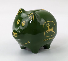 John Deere Ceramic Piggy Bank Stoneware Smiling Pig Green Yellow Authentic Logo