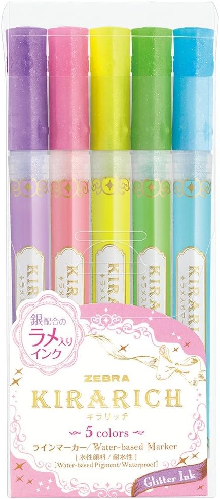 Zebra Glitter Highlighter, Kirarich, Pack of 5 (WKS18-5C)
