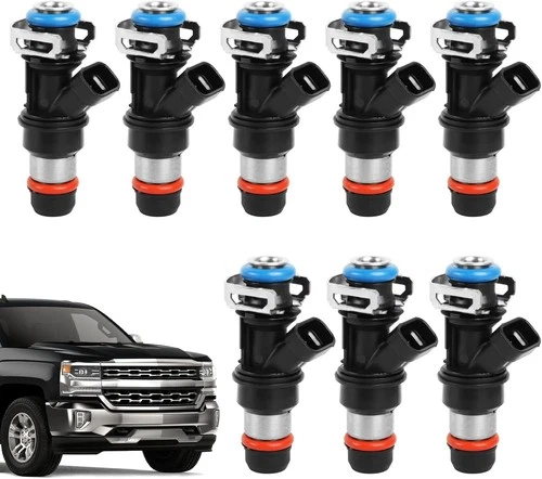 Eight black fuel injectors with silver tops, red O-rings, and white Chevy Silverado Suburban Tahoe label.