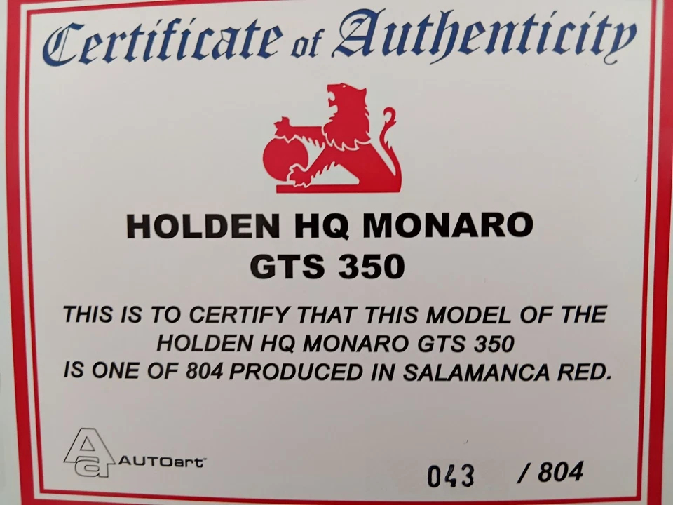  MONARO GTS HQ Autoart 1.18 Salamanca Red, 43/840.  — 第 2/4 张图片