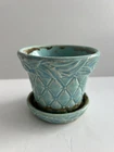 McCoy Pottery Turquoise Planter Flower Pot Diamond Leaf 1940's Saucer MCM 3.75"