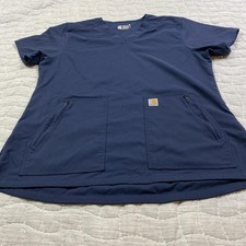 Carhartt Scrub Top Womens XL Blue V-Neck Modern Fit Tunic Zip Pockets Workwear