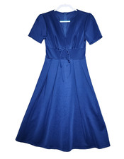 Womens Blue V-Neck Wide Waistband Short Sleeve Flare Midi Dress M