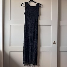 Vintage Carole Little Dress Womens 12P Black Crochet Lace Maxi Boho Fringe 90s