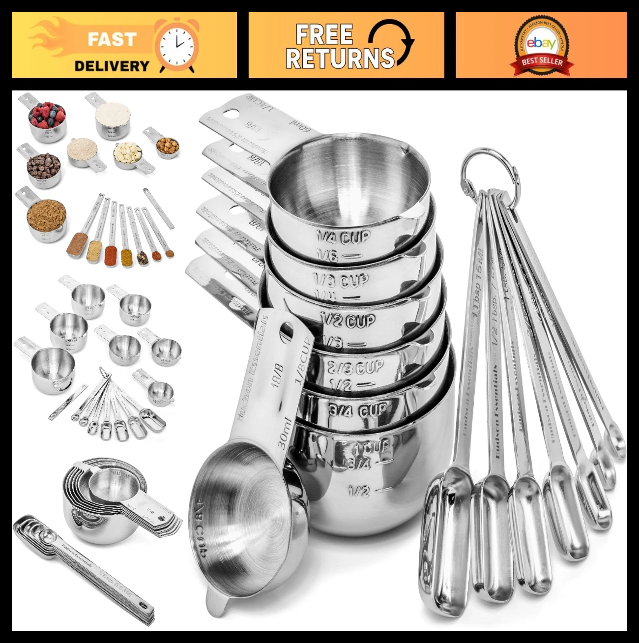 14-Piece Stainless Steel Measuring Cups & Spoons Set - Durable Kitchen Tools