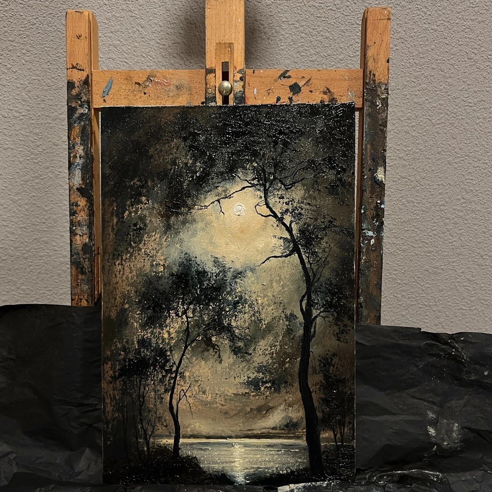 Pintura al óleo original luna llena gótica paisaje sobre lienzo arte impresionismo Foto 3 de 4