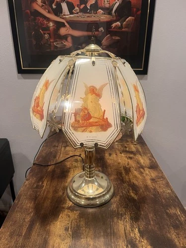 Vintage OK lighting 6-panel 3 bulb Touch lamp w guardian angel overlook Kids