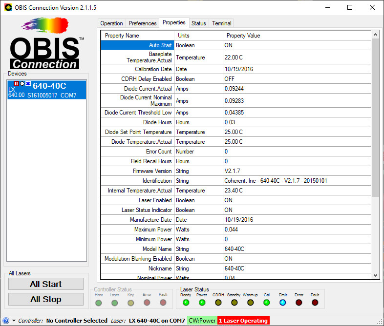 NOS Coherent OBIS LX 640-40C Laser 640nm 40mW w/Heatsink, Power Supply, Warranty