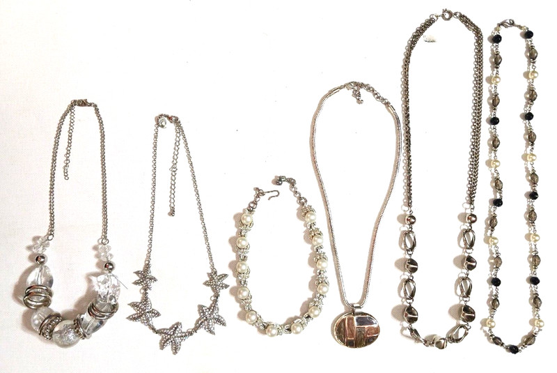 Necklaces with clear stones, starfish, enamel pendant on silvertone chains