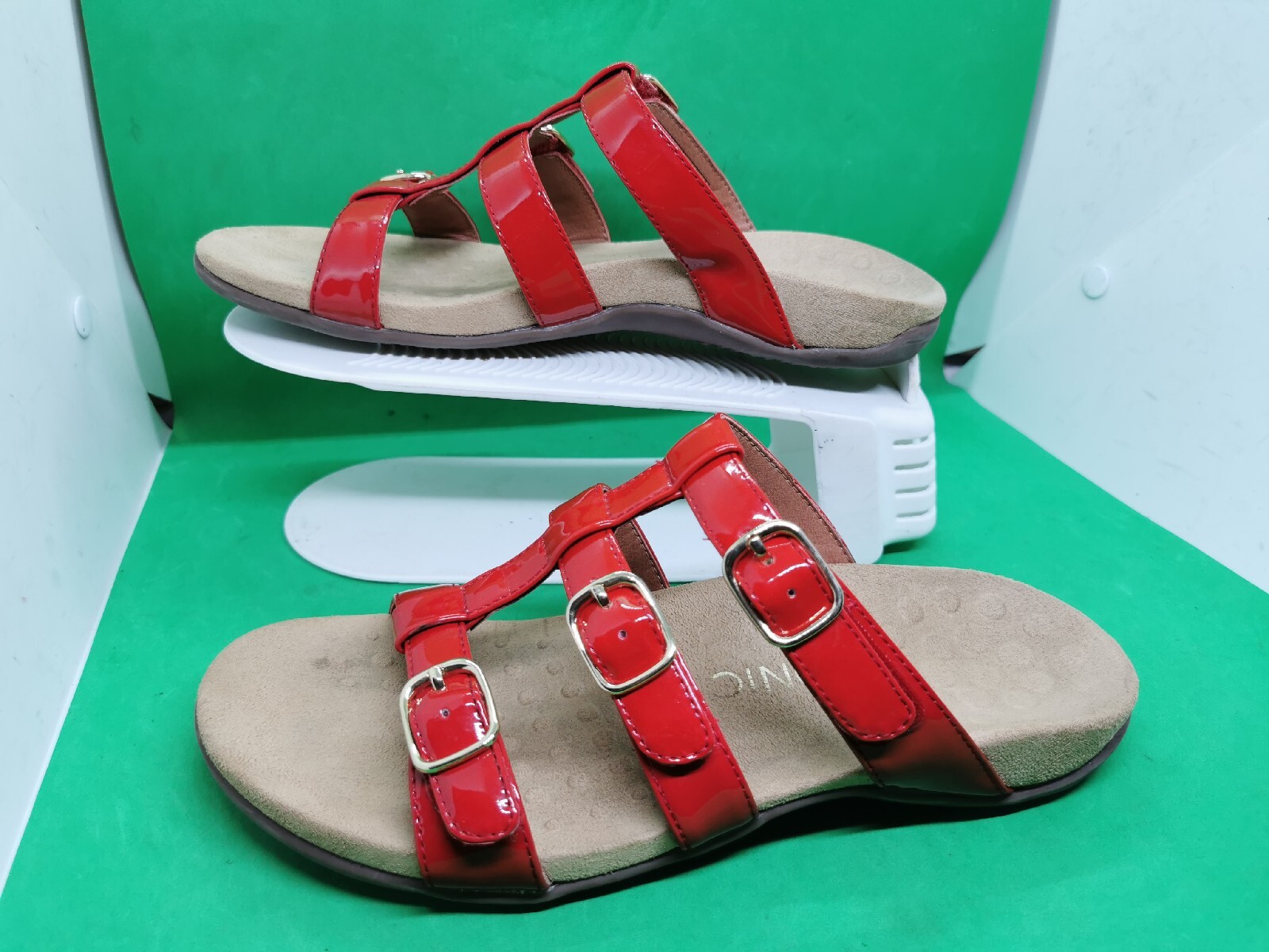 Vionic Misa Adjustable Slides Red Flats Patent Le… - image 16
