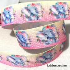 RUBAN GROS-GRAIN IMPRIMÉ - Éléphant couronne de fleurs, pois, 25 mm, au mètre