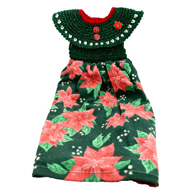 Christmas Poinsettia Dress Pinafore Full Hanging Kitchen Towel Crochet Sparkle