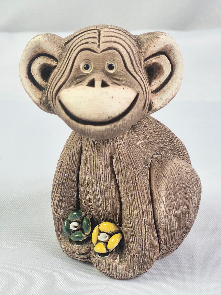 Vintage Artesania Rinconada Uruguay Clay Monkey with Flowers