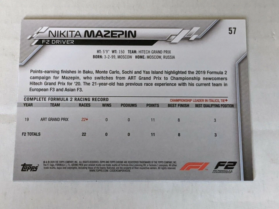 2020 Topps Chrome Formula 1 #57 Nikita Mazepin Future Stars - Image 2 of 2