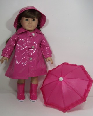 Magenta Raincoat Boots Hat Umbrella 4pc Doll Clothes For 18 - Main Image
