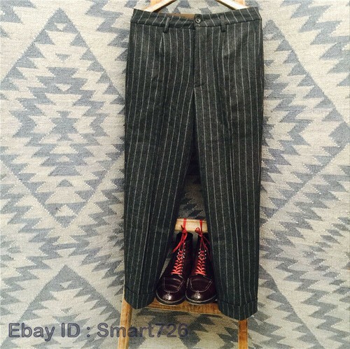 Men's Retro Herringbone Trousers British Woolen Striped Straight Pants Mix Warm - Picture 4 of 7
