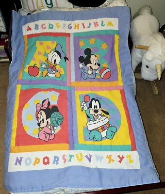Vtg Disney Baby Mickey Minnie Mouse Donald Goofy ABC Blanket Crib Comforter