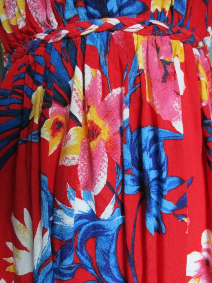 Handmade Long Hawaiian Dress Long Maxi Cinched Back Empire Red & Multi Floral XS - Image 4 of 4