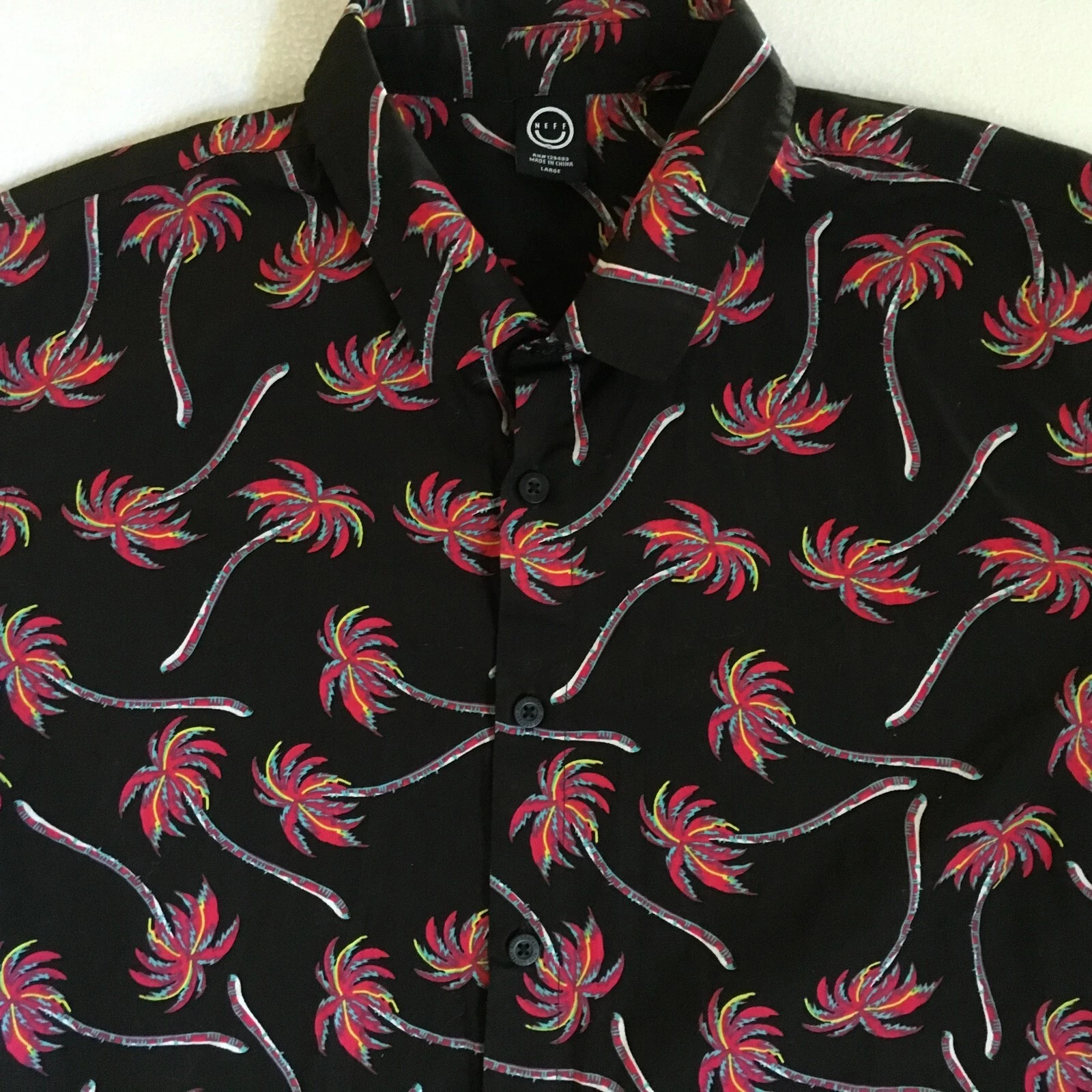 Neff Men's Black Multicolor Palm Trees Hawaiian Camp Cotton S/S Shirt Large L