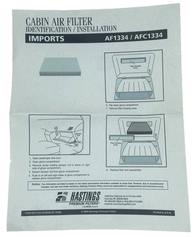 Filtro de aire de cabina Hastings AFC1334 nuevo en caja Camry & Sienna CF1028 Foto 3 de 4