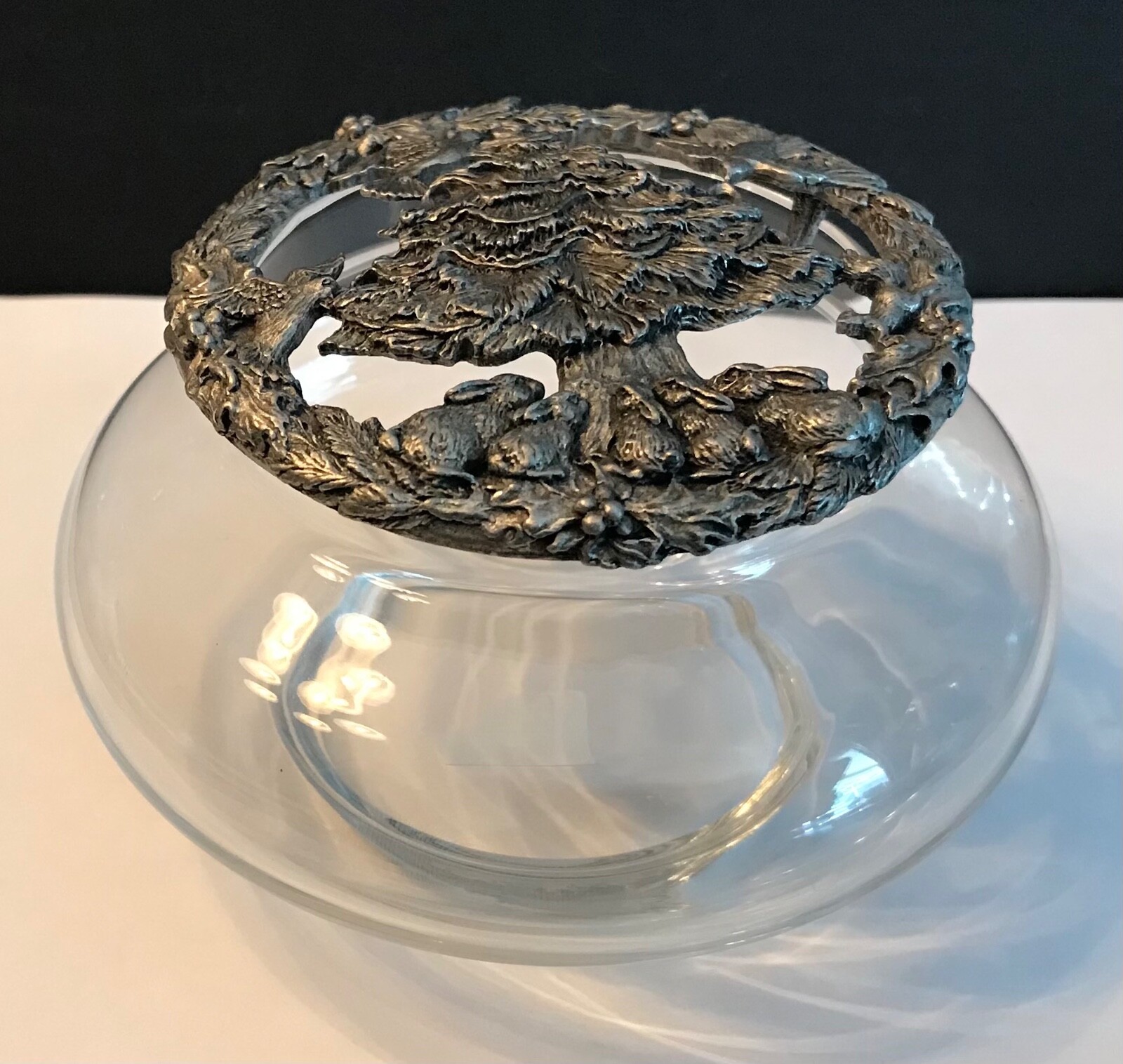 Vintage Rawcliffe Pewter Christmas TreeLid Clear Glass Bowl Jar