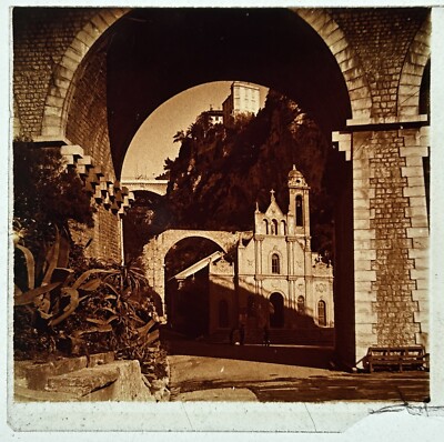 MONACO Eglise Sainte-Dévôte Foto C1920 Vintage Stereo Glasplatte Zerbrochen
