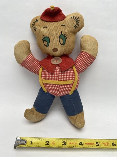 Vintage Brown 8.75” Plush Teddy Bear Cloth Old Kids Toy Handmade Plaid Red Hat - Picture 2 of 16