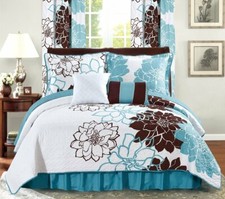 Queen Cal King Bed Brown Blue White Large Floral 6 pc Quilt Set Coverlet Bedding