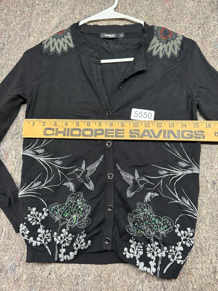 Cárdigan Suéter Desigual Mujer Botón Negro Floral Cuentas Talla M Foto 4 de 4