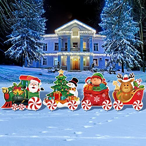 4 Pieces Christmas Decorations Outdoor Yard Train Lawn Sign Gingerbread 