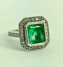 Elegant Art Deco Features a 3.57CT Colombian Emerald  Old Mine Cut CZ Halo Ring