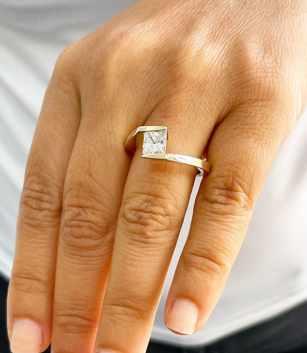 14K YELLOW GOLD PRINCESS CUT NATURAL DIAMOND ENGAGEMENT RING TENSION SET 