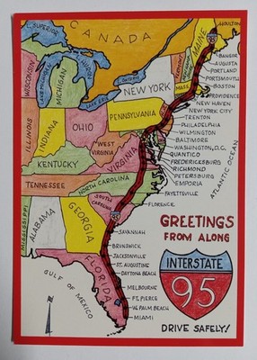 Vintage I-95 Interstate Highway Map Postcard - Maine to Florida Travel Souvenir
