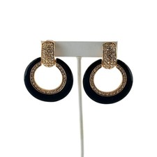 Doorknocker Earrings 1980s Vintage Black Enamel Gold Tone Pave Rhinestone 2 in 1
