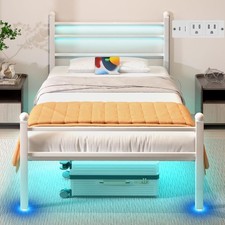 Camas Para Ni os Kids Bed Twin Metal Bed Frame w/ LED Headboard Girls Off-White