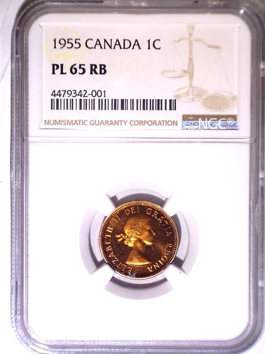 1955 NGC PL65RB Canada Proof-like One Cent - Penny - 1C - RED - New Holder