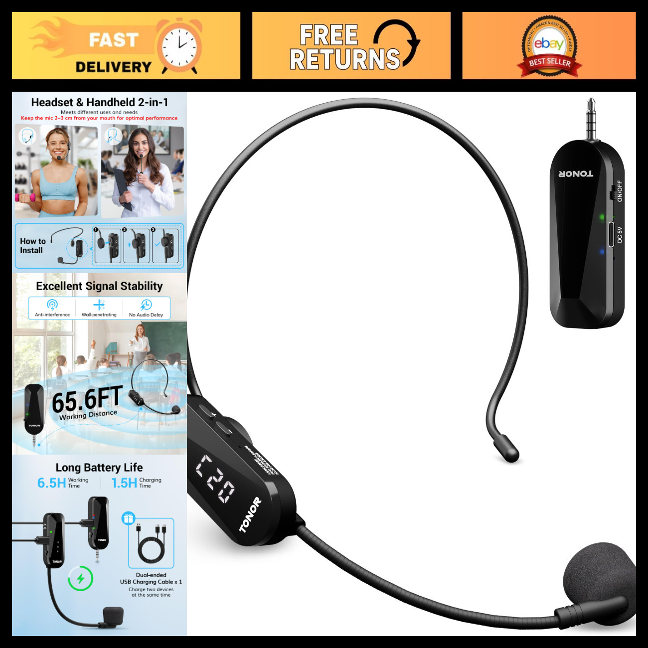 Wireless Headset Microphone System, 2-in-1 UHF Over-Ear Mic for Clear Sound