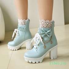 Women's High Block Heel Platform Ankle Boot Star Chain Lace Up Knight Shoes Lady