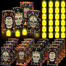 48 Pcs Halloween Day of The Dead Luminary Bags with Flameless Tea Lights 24 P...