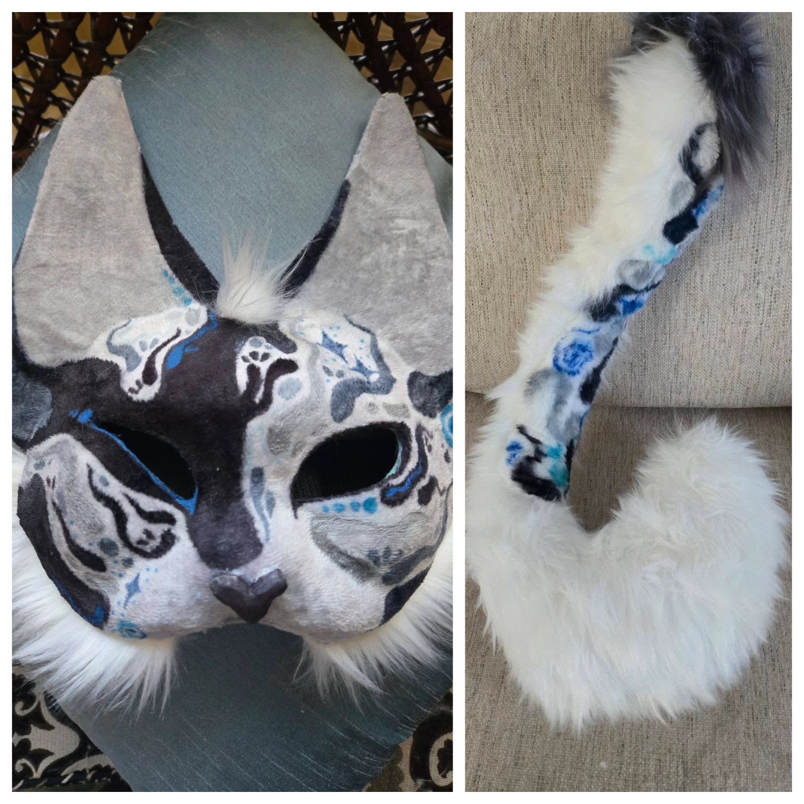 Black Gray Teal White Cat Feline Therian Mask with tail NEW One of a kind