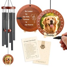32" Dog Memorial Wind Chimes with Photo Frame Pendant, Black  Dog Memorial G...