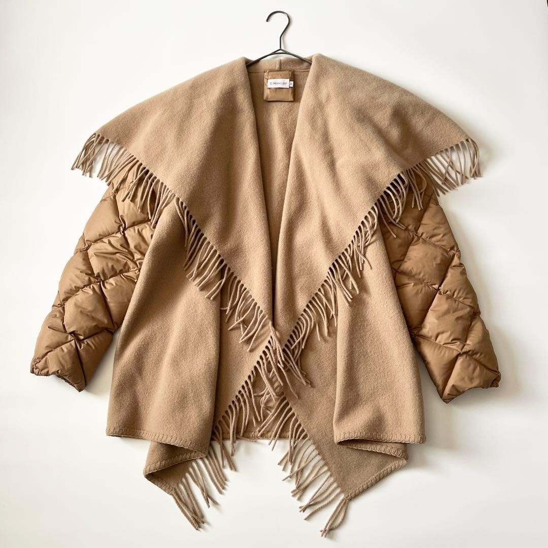 Pre-owned MONCLER sleeve-down cape down coat with fringe detailing, camel an...