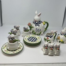 Vintage 90  s Mercuries Easter Bunny Checkered Porcelain Tea Set. Missing 1 Ring
