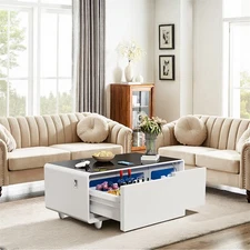 Modern Smart Coffee Table w/Built-in Fridge and Freezer Drawers,USB Port,White
