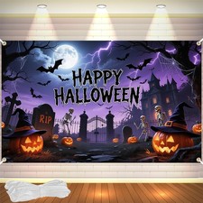 Happy Halloween Banner 6x4FT, Backdrop Gold purple