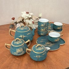 Japanese Teal  Gold Tea Set with Scenic Landscape Designs, Cups  Plates