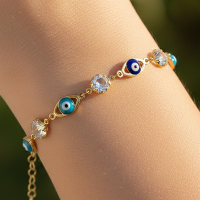 Chic Gold Tone Evil Eye Station Bracelet | Sparkling CZ Designer Gift For Women