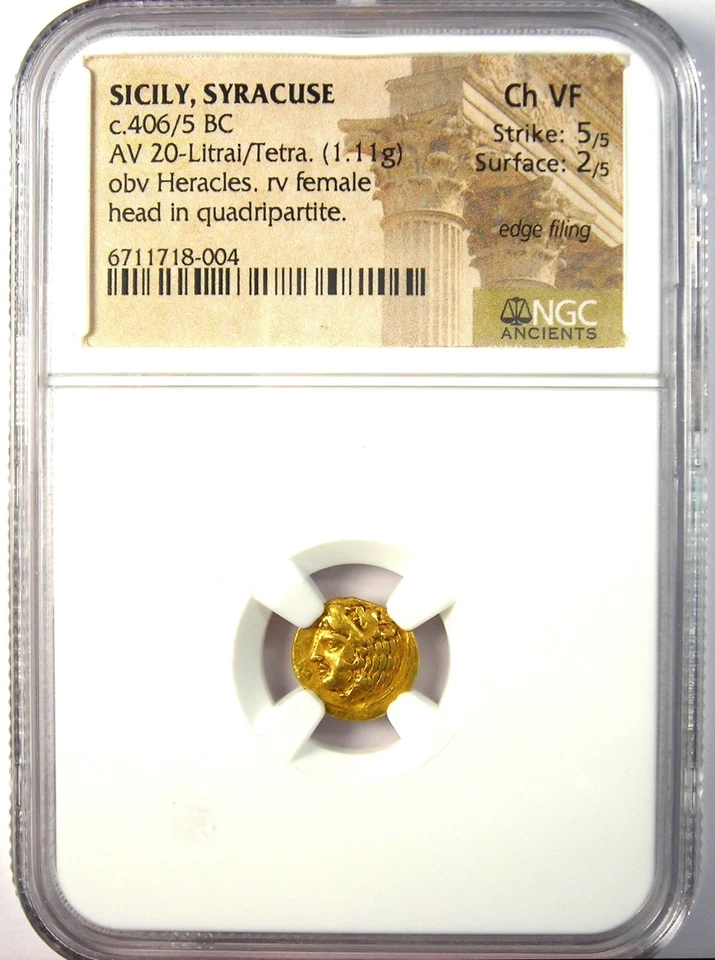 Moneda Sicilia Siracusa Oro AV 20 Litrai Tetradracma Dionisio 406 A.C. - NGC Ch VF Foto 2 de 4