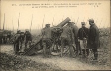 Ypres France WWI French soldiers setting up battery of British mortar in hops PC