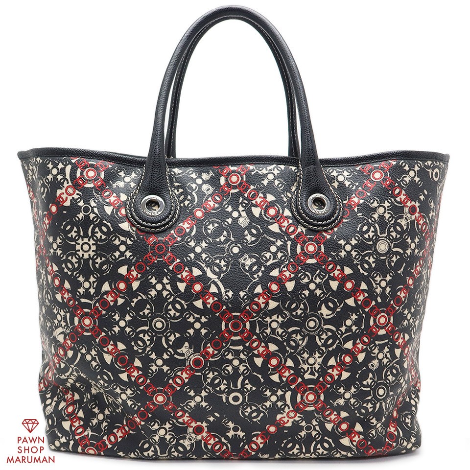 CHANEL CC Coco Mark PVC Leather Travel Tote Bag in Black Red Silver A36181